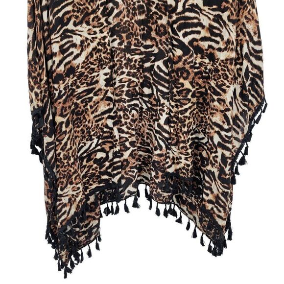 Bobbie Brooks Lightweight Kimono Cardigan One Size Brown Leopard Tassel Fringe - Picture 7 of 13